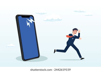 Businessman product owner running away from furious complain phone from customer or client, customer complaint, dissatisfaction from product or service problem, angry feedback from client (Vector)