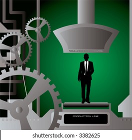 Businessman production line with cogs and pipes in the background
