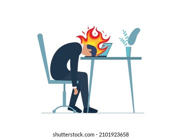 Businessman professional burnout syndrome. Exhausted sick tired male manager sitting with in fire head down on laptop. Sad boring man. Frustrated worker mental health problems. Long work vector eps