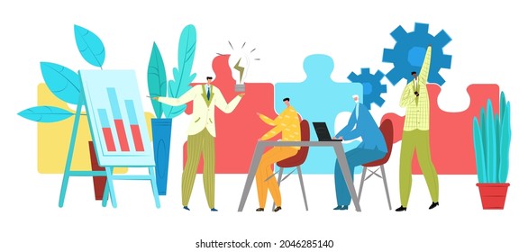 Businessman professional development character teamwork solve puzzle, office worker hold light bulb flat vector illustration, isolated on white.