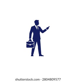 Businessman professional executive presenting with a briefcase and pointing hand illustrating corporate leadership and strategic guidance