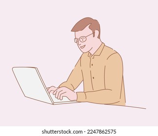 businessman professional with glasses work with laptop with outline or line and clean simple style