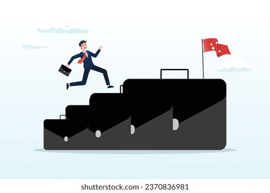 Businessman professional step up briefcase stair to reach goal on top, career growth development plan, job promotion or motivation to achieve work target, stair step to success, ambition (Vector)