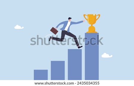 Businessman professional step up growing bar graph to win the trophy, business winner, achievement or prize, success or victory, challenge or business mission, career goal or stair to success concept