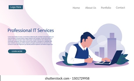 businessman professional working at the computer in the office, vector flat illustration of programmer, business analyst, designer, manager