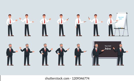 Businessman professor stand, gesture, point at whiteboard flipchart with pointer stick, pen & hands. Business man presentation, teacher lecture poses next to blackboard. Flat vector illustration set