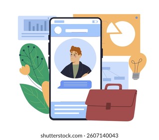 Businessman profile on smartphone screen surrounded by charts, briefcase, and light bulb on white background. Concept of digital business networking. Vector illustration
