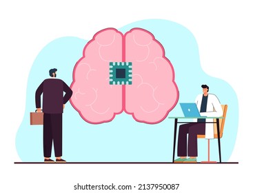 Businessman, programmer huge human brain with chip. Scientist with laptop and brain with motherboard flat vector illustration. Technology, artificial intelligence concept for banner or landing page