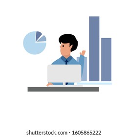 Businessman or programmer working at laptop showing data. Data analysis, information searching.