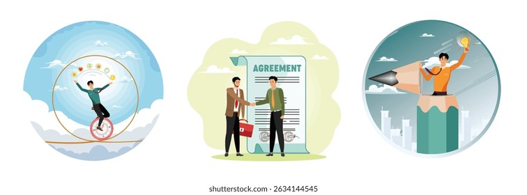 Businessman project manager balance on clock juggling project management. Businessman partner shaking hand after signing business agreement document. Man open pencil top discover new light bulb idea.