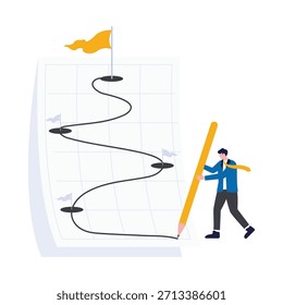 El gerente de proyecto de Businessman verifica las tareas completadas en la línea de tiempo de gestión de proyectos, seguimiento de proyectos, rastreador de objetivos, lista de verificación de tareas para recordar el progreso del proyecto