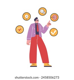 Businessman project manager checking completed tasks vector flat illustration. Goal tracker achievement, checklist to remind, new ideas, project progress concept. Change management improvement