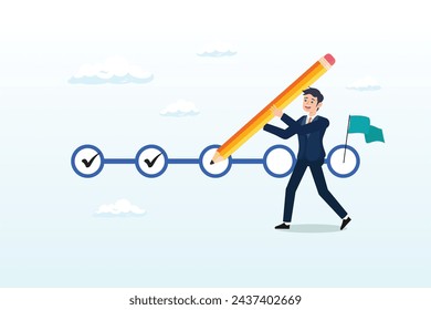 Businessman project manager holding big pencil to check completed tasks in project management timeline, project tracking, goal tracker, task completion or checklist to remind project progress (Vector)