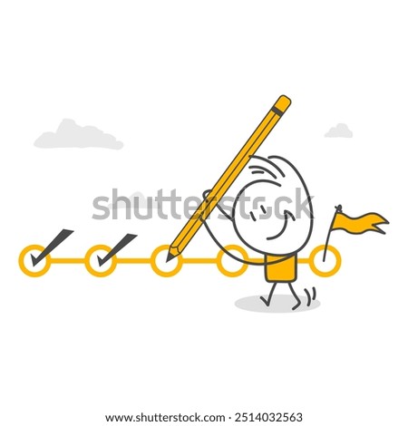 Businessman project manager holding a big pen to check completed tasks on project management timeline. Checklist to remind task completion or project progress concept.