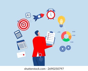 Geschäftsmann-Projektmanager managen mehrere Projekt-Dashboards Projektmanagement, strategische Planvektorgrafik