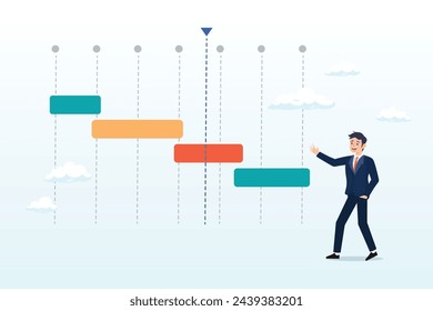 Businessman project manager review project timeline gantt chart, project timeline or schedule, planning for resource on working tasks, development plan, deadline to launch product, workflow (Vector)