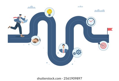 Businessman project manager running work on project timeline, Project planning, Timeline, Progress in business, Roadmap, Key route map with action plans, Timeline to success, Vector illustration.