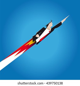 businessman project start-up. Rocket man flying in the sky toward new targets for growth, earnings, wins and new business. 