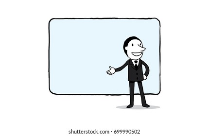 Businessman with projector screen background. conference, training, planning, learning, coaching, presentation concept. isolated vector illustration hand drawn doodle line art cartoon design character