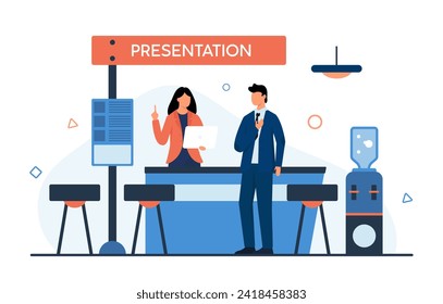 Businessman at promo presentation of business product or brand at exhibition or expo trade show. Man visitor standing at advertising booth stand with exhibits and promoter cartoon vector illustration