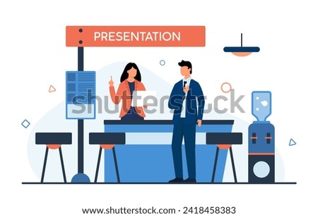 Businessman at promo presentation of business product or brand at exhibition or expo trade show. Man visitor standing at advertising booth stand with exhibits and promoter cartoon vector illustration