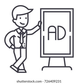 businessman with promo stand vector line icon, sign, illustration on background, editable strokes