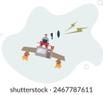 businessman promote his shop with rocket booster flying.flat vector illustration.