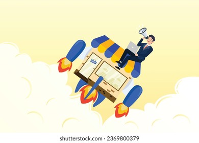 Businessman promote his shop with rocket booster flying, marketing or promotion to boost sales, increase customer to visit store front or e-commerce performance, advertising to grow profit (Vector)