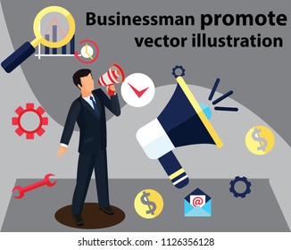 businessman promote your business with object and action . vector illustration