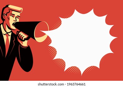 Businessman promoter holding megaphone loudspeaker. Business promotion concept. Vector illustration