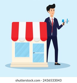 businessman is promoting a new shop, businessman announcing a new branch using a megaphone, vector illustration