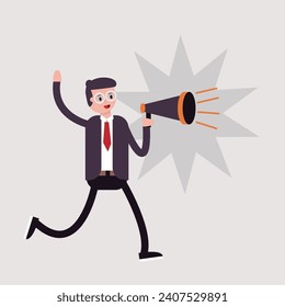 A businessman is promoting something with a megaphone