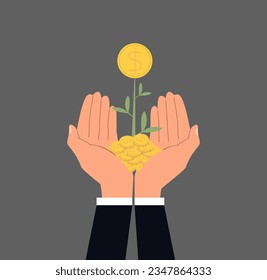 Businessman prosperity concept. Hands holding plant with coins. Financial literacy and passive income. Successful entrepreneur, trader and investor. Cartoon flat vector illustration