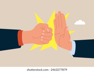 Businessman protect from attack punch. Market crash. Fight to survive in business competition. Flat vector illustration.