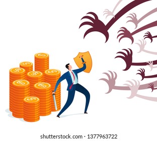 Businessman protect his wealth from attack. Business concept illustration.