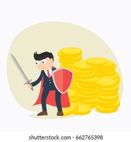 businessman protect money from tax and debt with sword and shield cartoon vector illustration