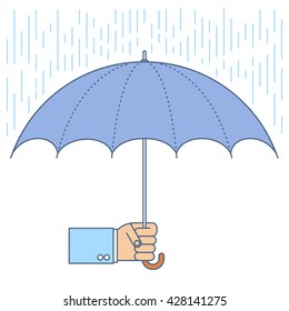 Businessman protected from rain. Flat line illustration of hand holding an umbrella. Business concept isolated on white background. Vector infographic element for web, network, presentation, brochure.