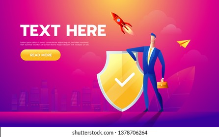 Businessman Protecting business With Shield. Business Concept Cartoon Illustration