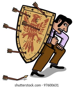 businessman protecting itself with medieval shield