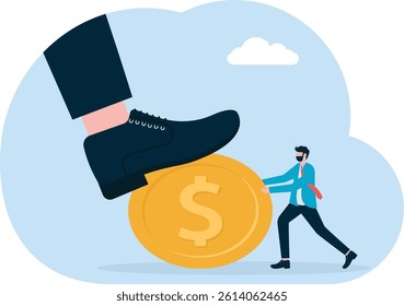 Businessman protecting money from giant feet. debt concept

