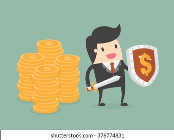 Businessman Protecting Money With Shield And Sword. Business Concept Cartoon Illustration.