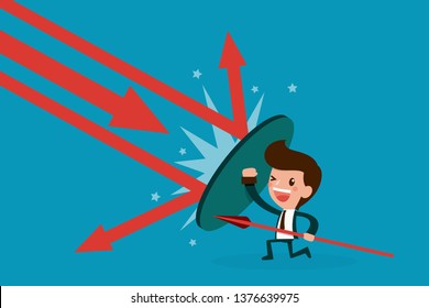 Businessman protection himself from falling stock market arrows.