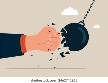 Businessman protects from a collision with a broken wrecking ball. Safety measures. IT defense. Insurance and protection. Flat vector illustration