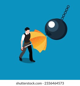 Businessman protects himself with a umbrella from a ball isometric 3d vector illustration concept for banner, website, illustration, landing page, flyer, etc