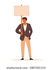 Businessman protester. Worker protest against company illustration. Vector man in formal suit demonstration participant holding blank placard standing isolated on white background. Labor union