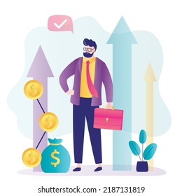 Businessman proud of financial growth of company. Entrepreneur happy with economic growth and business development. Successful career advancement. Goal achievement concept. Flat vector illustration