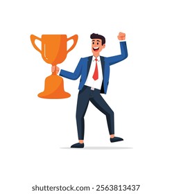 Businessman proudly holding a golden trophy, symbolizing victory and achievement in the corporate world. A motivational image perfect for celebrating success and milestones