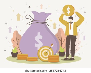 A businessman proudly holds a money bag and stands beside a target and coins, depicted in an engaging vector illustration style, perfect for financial success and goal-setting themes.