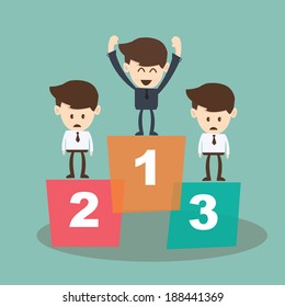 Businessman proudly standing on the winners podium