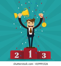 Businessman proudly standing on the winning podium holding up winning trophy and 
left hand holding a winners medal -vector illustration.